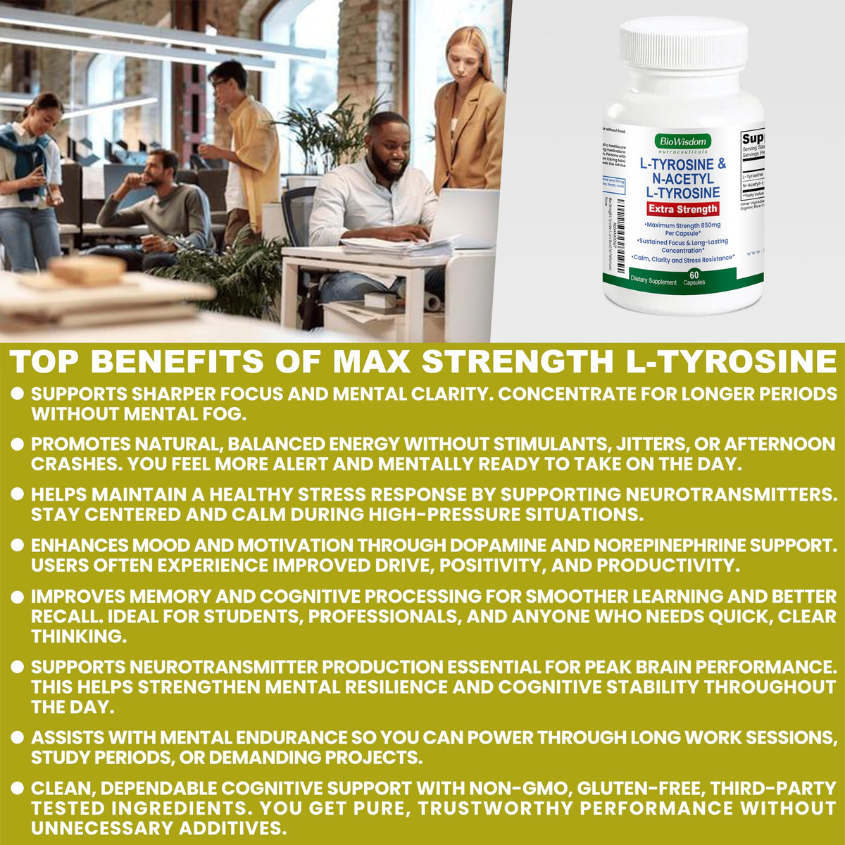 Max Strength L Tyrosine Supplement & N Acetyl L Tyrosine Peak Focus, Alertness, Concentration, Body & Mind Energy. L-Tyrosine 850mg Per 1 Capsule. A Well-Being Nutrient Boost For Performance BioWisdom NutraceuticalsBuy Supplements Australia