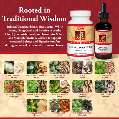 Kan Herbs Company Relaxed Wanderer – Traditional Chinese Herbal Formula to Support Mood, Digestion, and Menstrual Balance, Nourishes Blood, Eases Occasional Tension and Fatigue, 120 Tablets Kan HerbBuy Supplements Australia