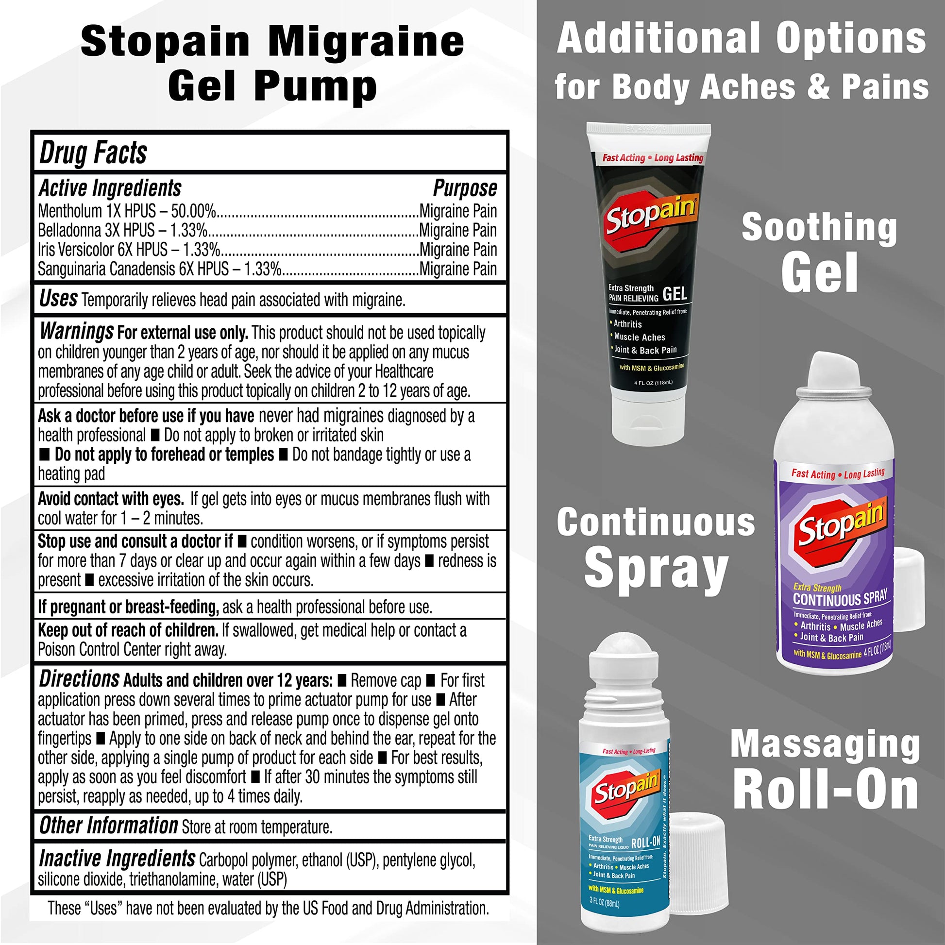 Stopain Migraine Pain Relief Gel Pump, 1.62oz, USA Made, Max Strength Fast Acting Research Proven Topical Effective at Any Stage, No Known Side Effects or Drug Interactions, HSA FSA Approved Products StopainBuy Supplements Australia