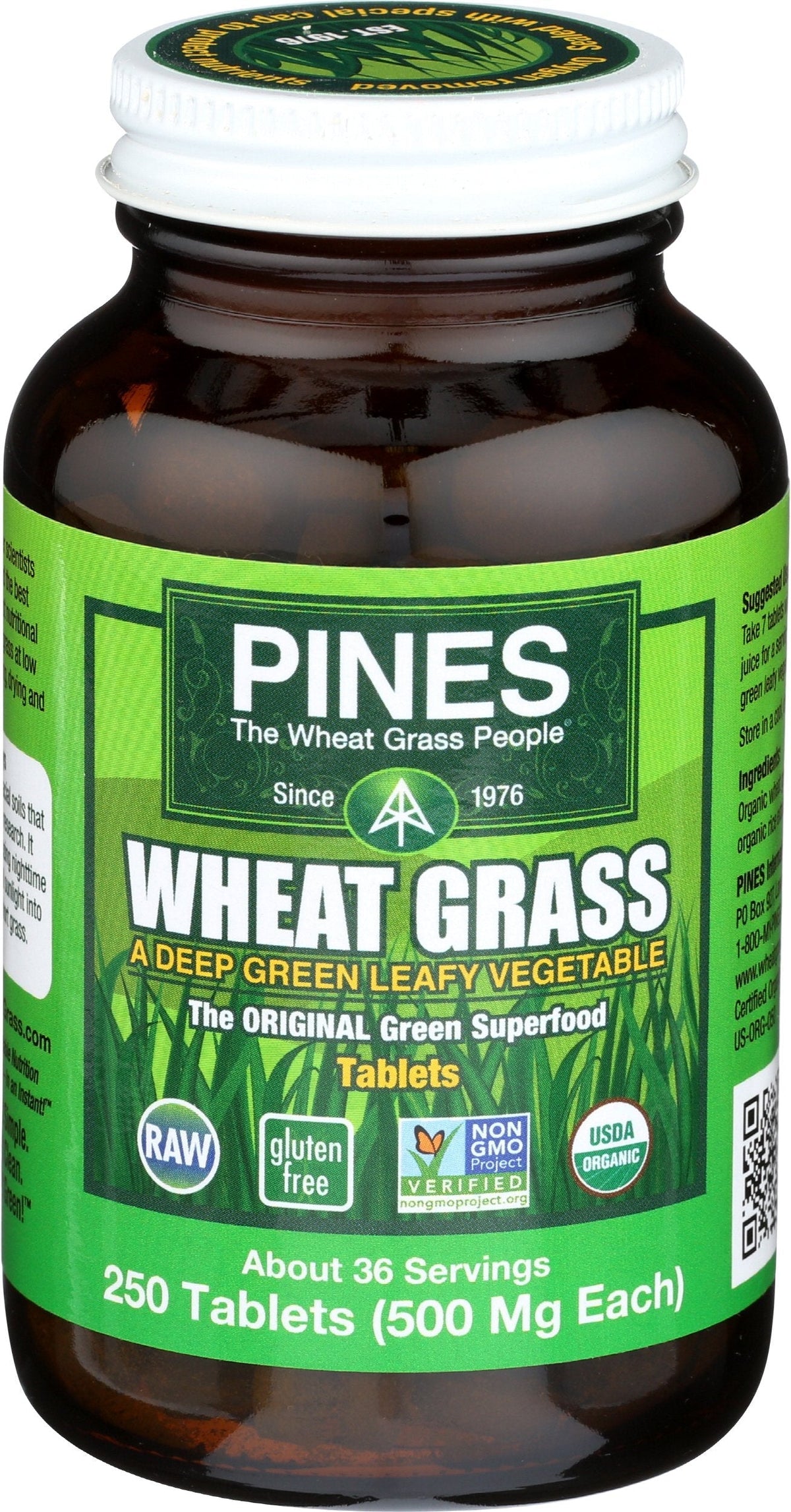 Bottle of Pines Wheat Grass tablets with green label