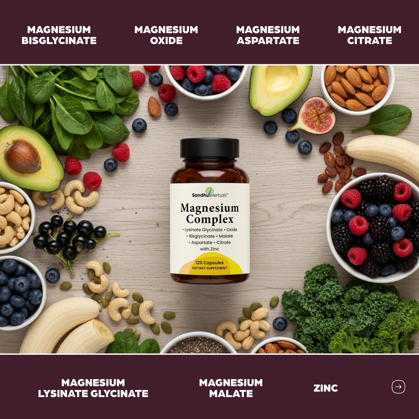 Complete Magnesium Complex 500mg for Women & Men | 120 Capsules | 6 in 1 Mag Supplement with Zinc | Quality Sleep & Muscle Health | Glycinate, Citrate