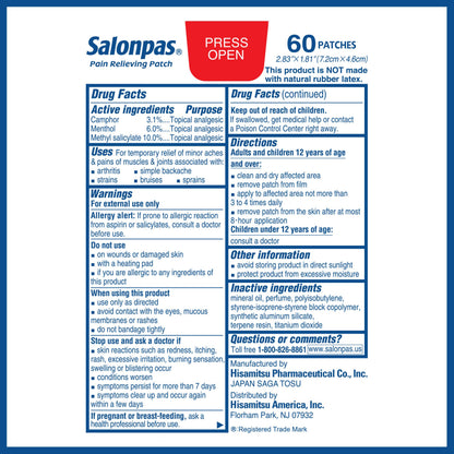 Salonpas Pain Relieving Patch for Back, Neck, Shoulder, Knee Pain and Muscle Soreness - 8 Hour Pain Relief - 60 Count Salonpas buy supplements Au