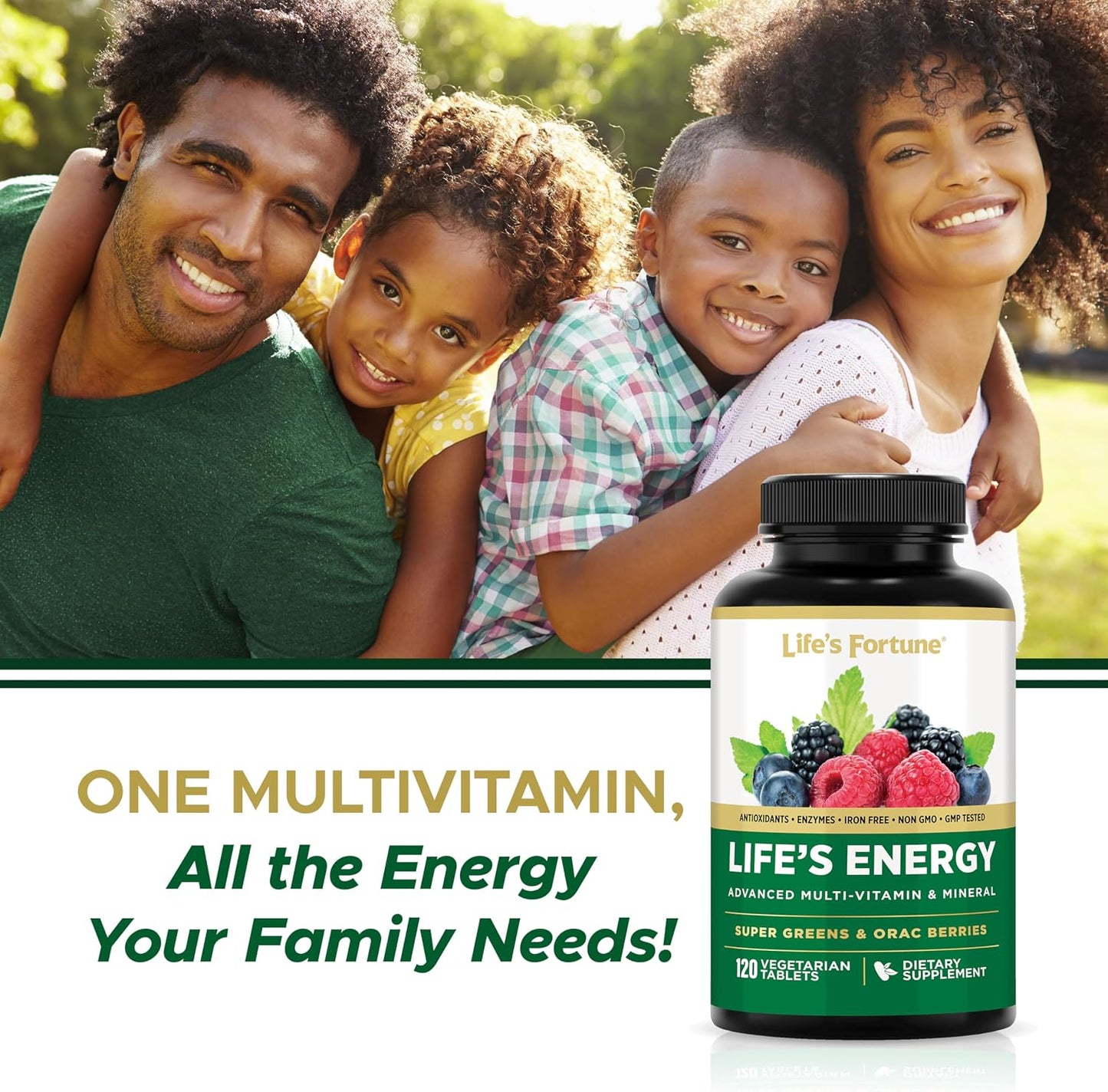 Life's Energy Advanced Daily Multivitamin for Men & Women, Energy & Immune Support Supplement with Super Greens - Antioxidants & Enzymes - Iron Free, Vegetarian, 120 Tablets by Life's Fortune