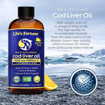 Life's Fortune Cod Liver Oil Liquid Lemon Flavor Organic Supplement with DHA, EPA 1000 mg High Potency Omega-3s + Vitamin A, E & D3 - Supports Immune, Joints, Eyes, 16 Fl Oz (Pack of 1)
