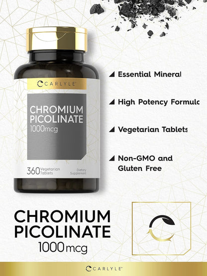 Carlyle Chromium Picolinate Supplement | 1000mcg | 360 Tablets | Vegetarian, Non-GMO, Gluten Free Formula