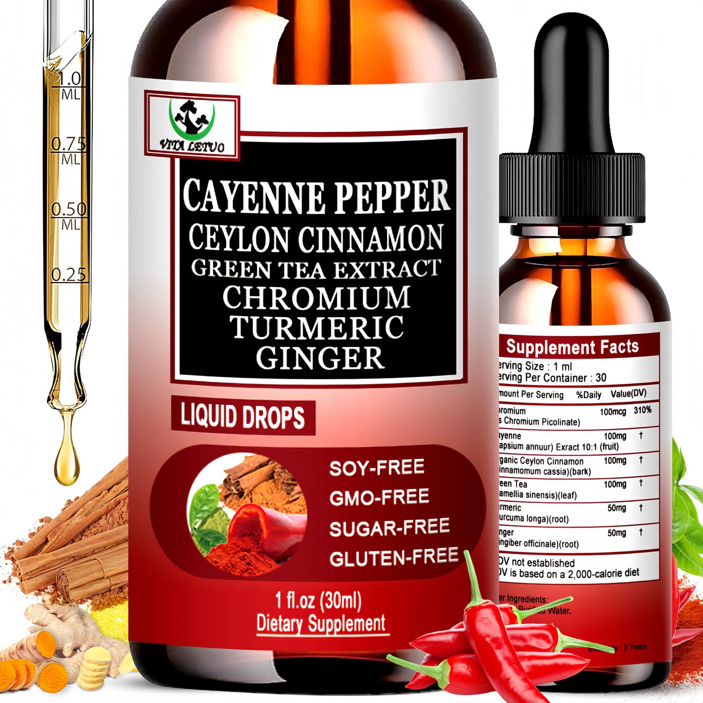 Bottle of Cayenne Pepper Ceylon Cinnamon Green Tea Extract Chromium Turmeric Ginger liquid drops with dropper and ingredients on a white background.