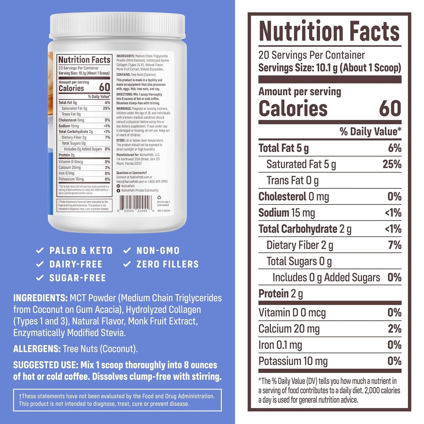 NativePath Keto Creamer, French Vanilla, Collagen & MCT, 20 Servings | Sugar-Free, Monk Fruit Sweetened, Non-Dairy & Creamy, Supports Skin, Hair & Nails, Low-Carb Friendly