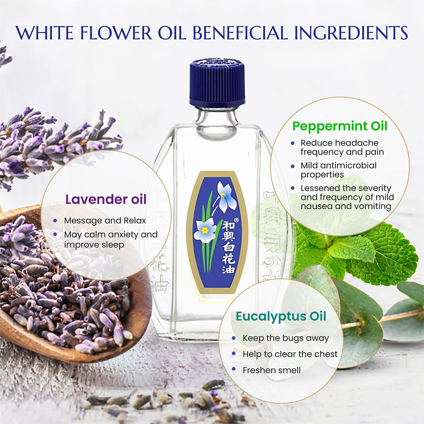 White Flower Analgesic Balm Embrocation Medicated Oil (Hoe Hin Pak Fah Yeow) (20ml/ Pack of 3) White FlowerBuy Supplements Australia