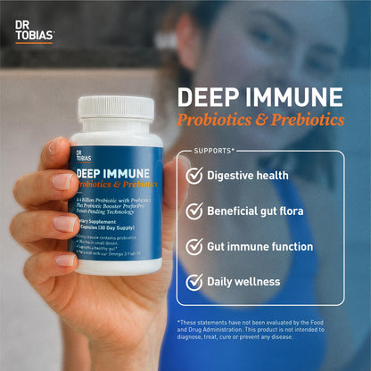 Dr. Tobias Deep Immune Probiotic + Prebiotic 60 Capsules | Gut Health | Dual Action Gut & Immune Support | DE111 Spore Forming Probiotics + PreforPro | Targeted Release | Shelf Stable | 30 Servings