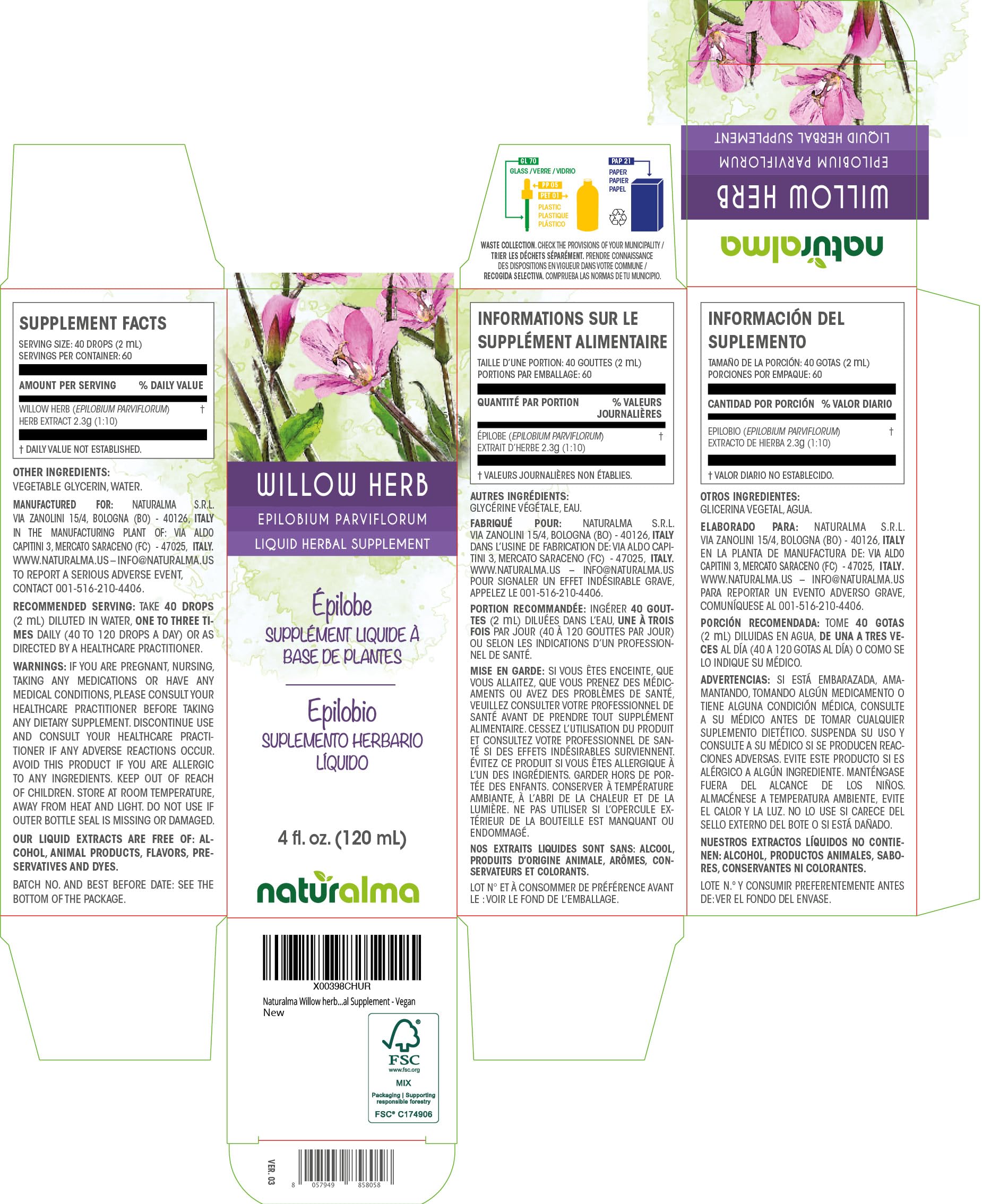 Naturalma Willow herb or Fireweed (Epilobium parviflorum) herb Alcohol-Free Tincture - 4 fl oz Liquid Extract in Drops - Herbal Supplement - Vegan NaturalmaBuy Supplements Australia