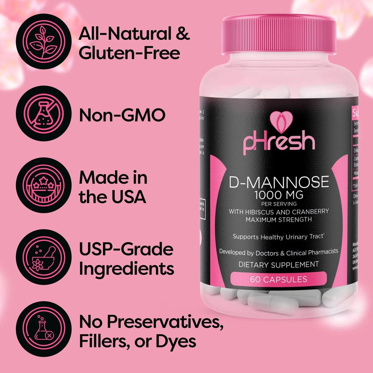 ACE NUTRITION pHresh D-Mannose with Cranberry Capsules for Women and Men, Maximum Strength 1000 mg Per Serving - Supports: Urinary Tract Health - Made in The USA - PrimeBioHealth - canada supplements