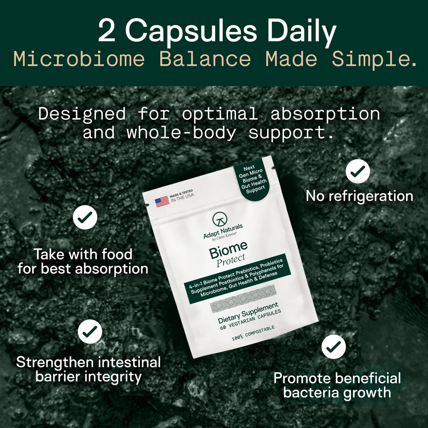 Adapt Naturals 4-in-1 Biome Protect Prebiotics, Probiotics Supplement Postbiotics & Polyphenols for Microbiome, Gut Health & Defense - PrimeBioHealth - canada supplements