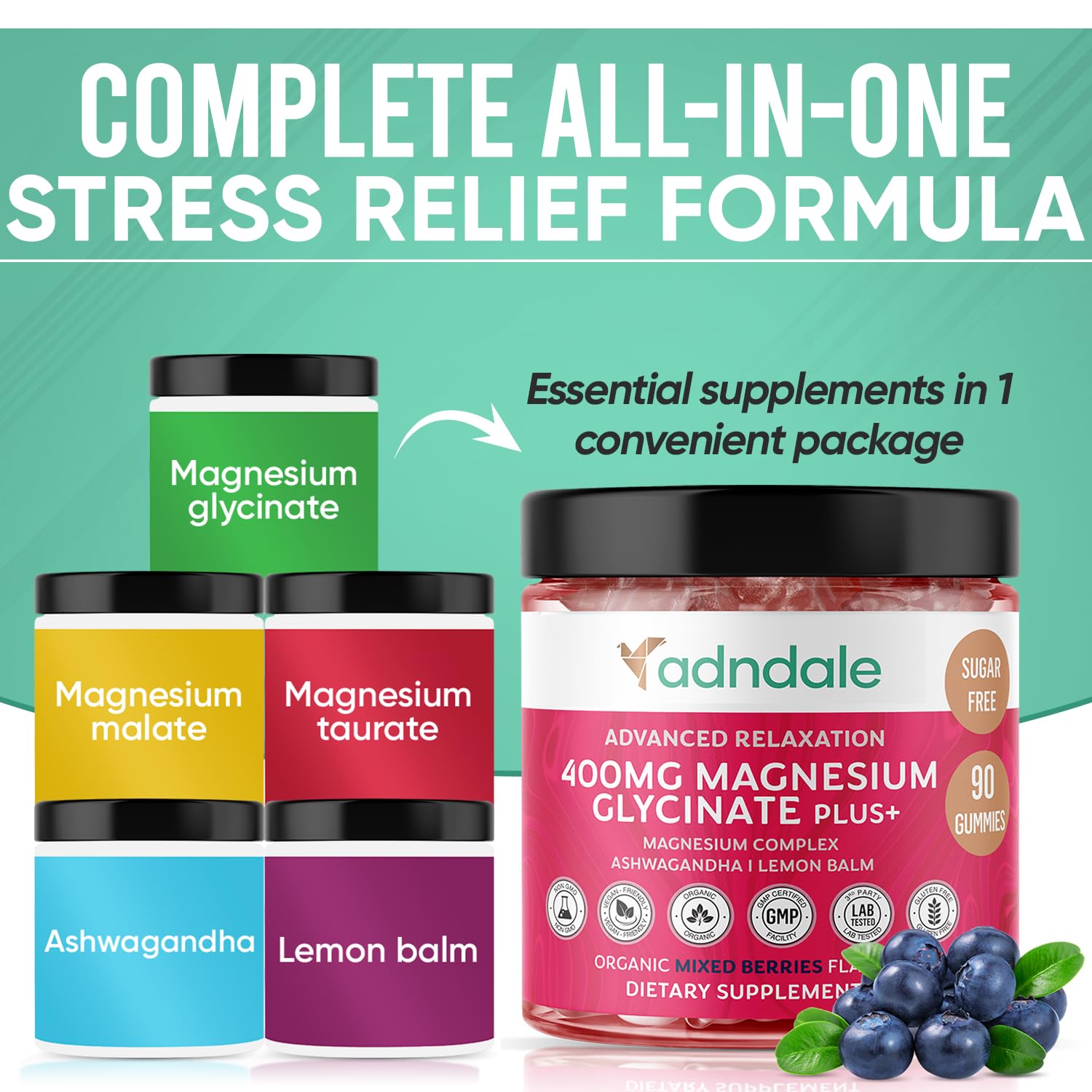 Adndale 180 CT Magnesium Glycinate Gummies 400 mg/Serv with Ashwagandha, Magnesium Malate & Taurate - PrimeBioHealth - canada supplements