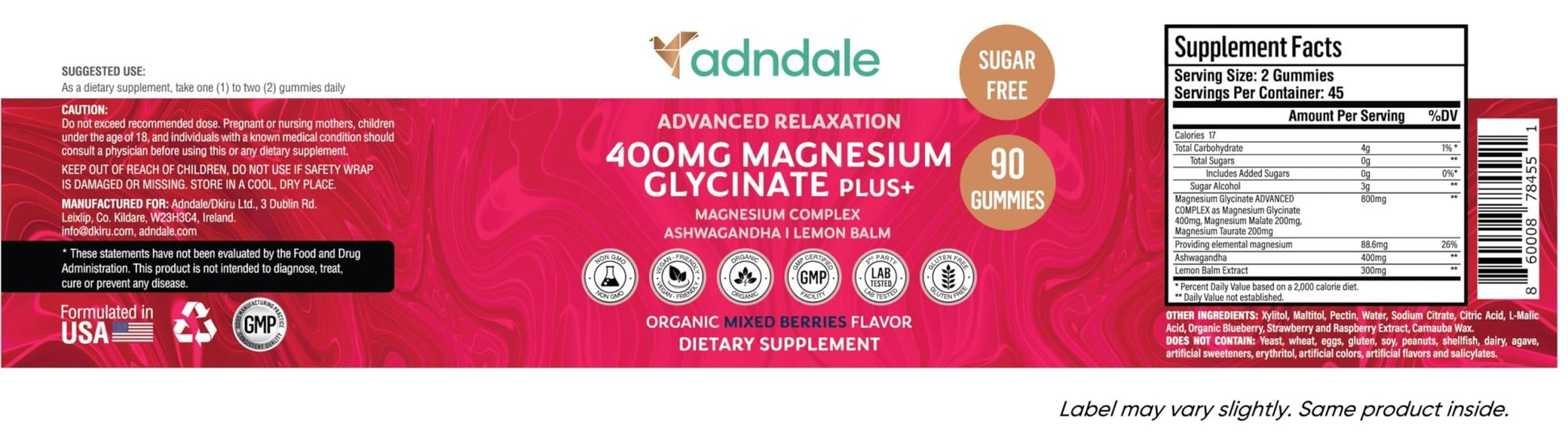 Adndale 180 CT Magnesium Glycinate Gummies 400 mg/Serv with Ashwagandha, Magnesium Malate & Taurate - PrimeBioHealth - canada supplements