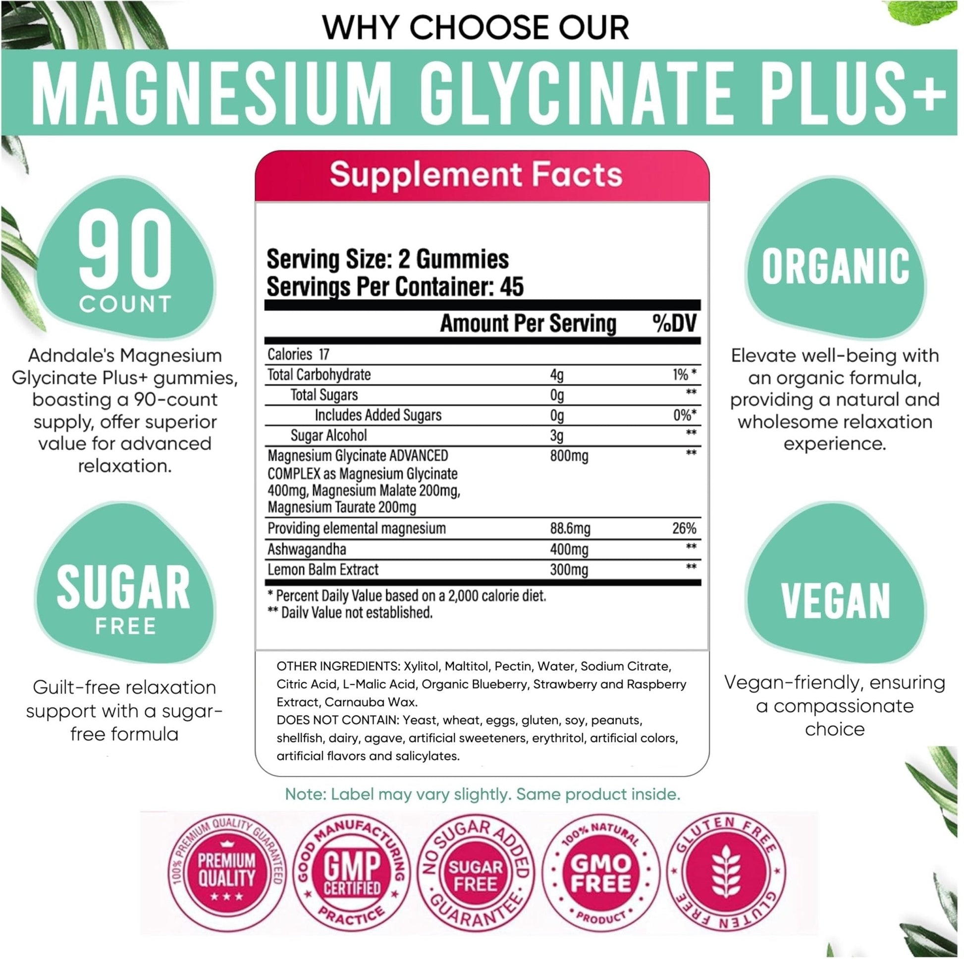 Adndale 180 CT Magnesium Glycinate Gummies 400 mg/Serv with Ashwagandha, Magnesium Malate & Taurate - PrimeBioHealth - canada supplements