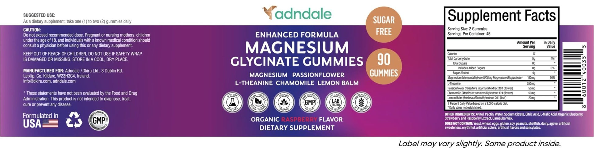 Adndale 90CT Magnesium Glycinate Gummies. Sugar Free Chews for Adults & Kids. Raspberry Flavour - PrimeBioHealth - canada supplements