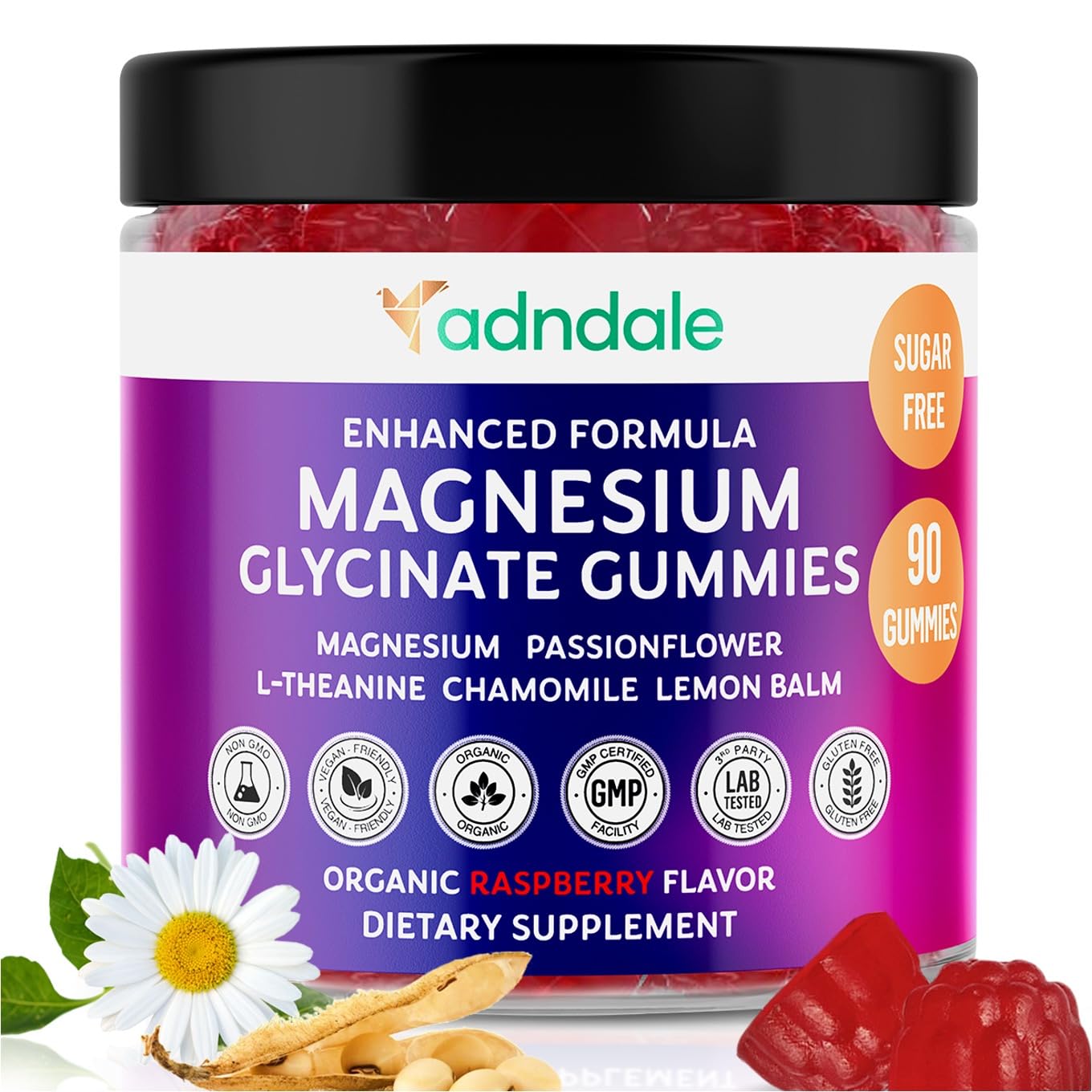 Adndale 90CT Magnesium Glycinate Gummies. Sugar Free Chews for Adults & Kids. Raspberry Flavour - PrimeBioHealth - canada supplements