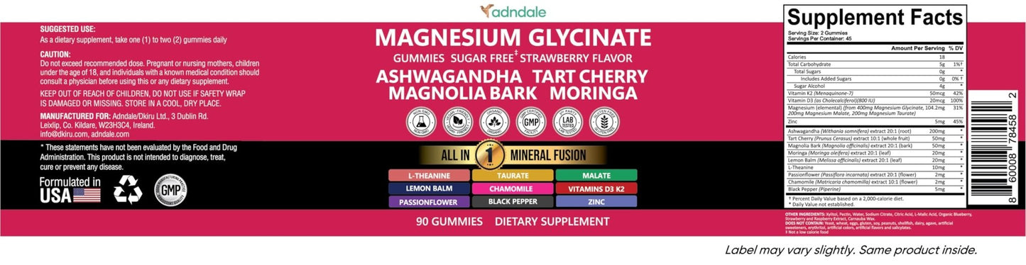 Adndale Magnesium Glycinate 400 mg Gummies with Ashwagandha, Magnesium Malate & Taurate, Tart Cherry, Magnolia Bark, Lemon Balm, Passionflower - PrimeBioHealth - canada supplements