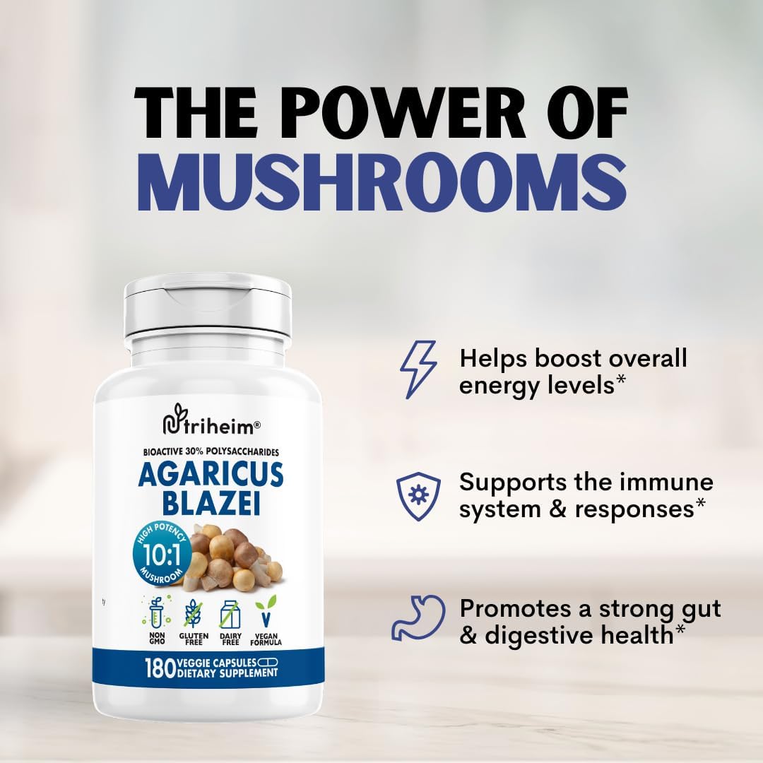 Agaricus Blazei Organic Mushroom Extract for Immune & Energy Support - 30% Polysaccharides & 180 Veggie Capsules - Non-GMO, Gluten-Free, Vegan-Friendly Supplement - PrimeBioHealth - canada supplements