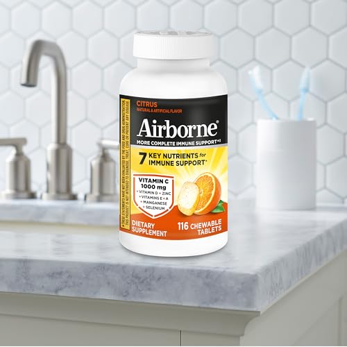Airborne Vitamin C 1000mg (per Serving) - Citrus Chewable Tablets (116 Count in a Bottle), Gluten-Free Immune Support Supplement, with Vitamins A C E, Zinc, Selenium - PrimeBioHealth - canada supplements