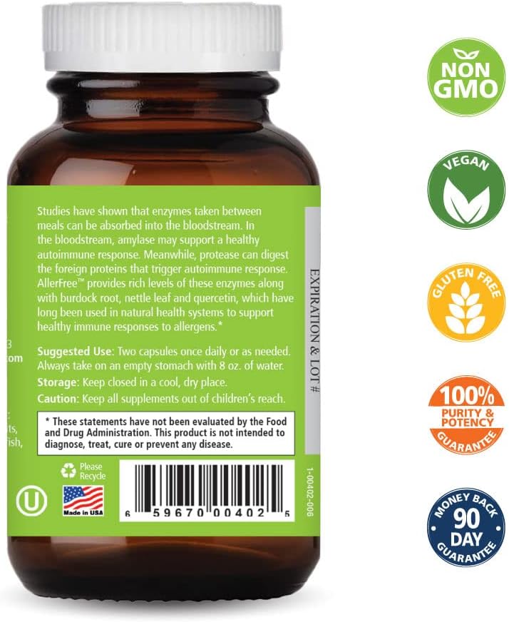 AllerFree Natural Allergy Support Supplement by Pure Essence Labs - Non Drowsy Pills for Sinus and Nasal Health Seasonal Allergies with Enzymes and Herbs - 60 Capsules - PrimeBioHealth - canada supplements