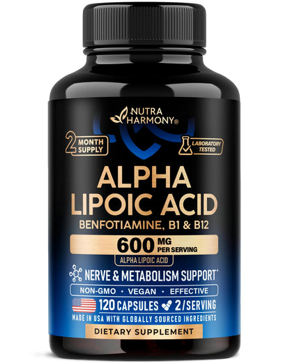 Alpha Lipoic Acid 600mg - ALA Supplement Antioxidant for Nerve, Energy & Metabolism Support - Extra Strength with Benfotiamine, B1 & B12 - Lab Tested, NON-GMO & Vegan - PrimeBioHealth - canada supplements