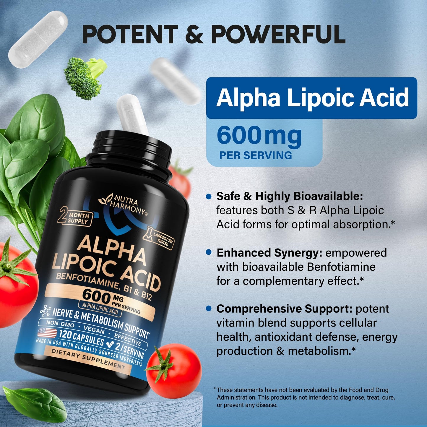 Alpha Lipoic Acid 600mg - ALA Supplement Antioxidant for Nerve, Energy & Metabolism Support - Extra Strength with Benfotiamine, B1 & B12 - Lab Tested, NON-GMO & Vegan - PrimeBioHealth - canada supplements
