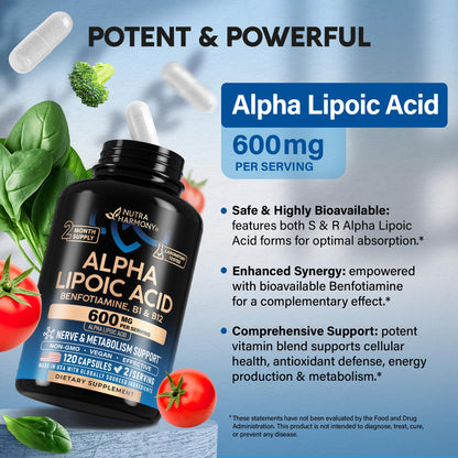 Alpha Lipoic Acid 600mg - ALA Supplement Antioxidant for Nerve, Energy & Metabolism Support - Extra Strength with Benfotiamine, B1 & B12 - Lab Tested, NON-GMO & Vegan - PrimeBioHealth - canada supplements