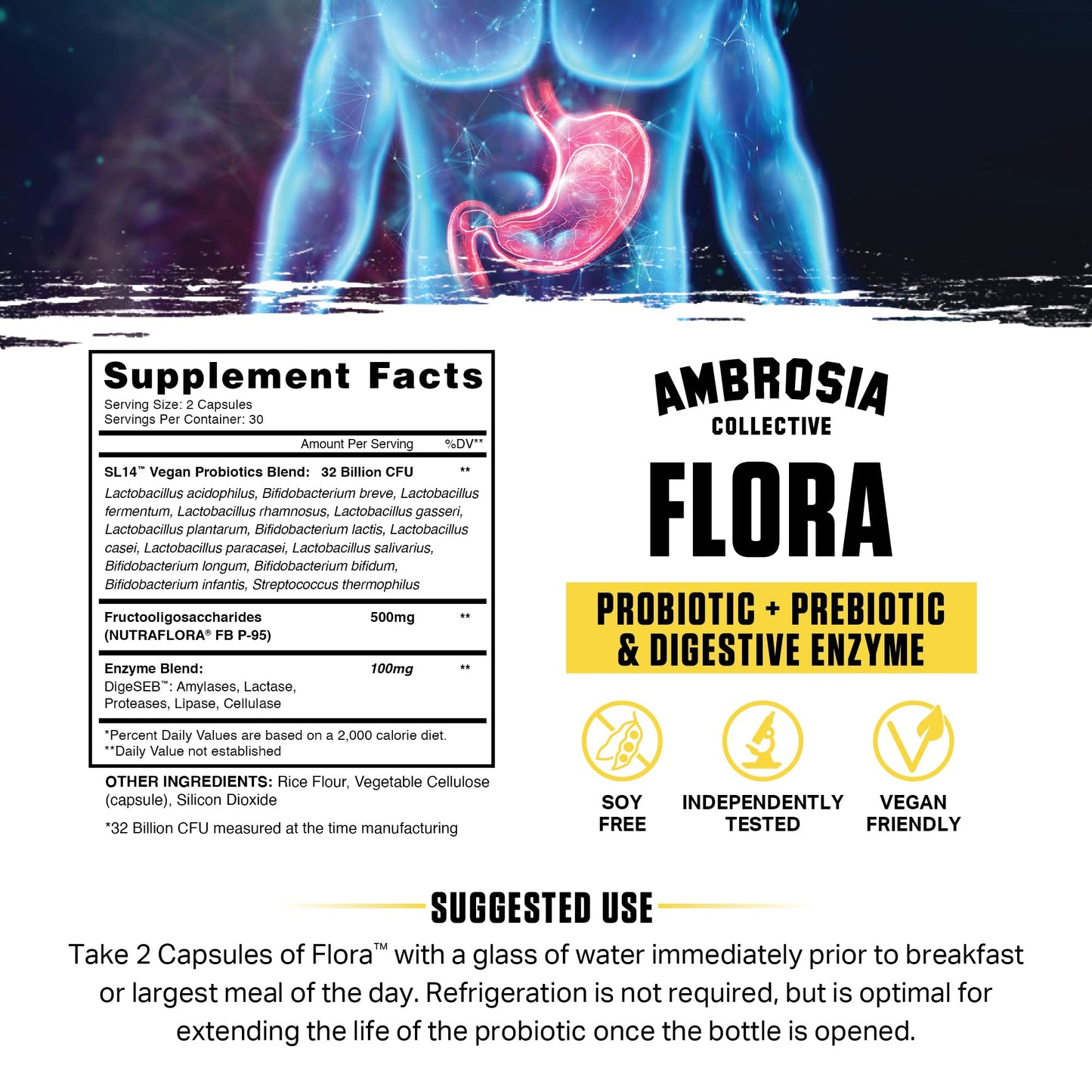 Ambrosia Flora Digestive Enzymes with Probiotics & Prebiotics | 32 Billion CFU Gut Health Supplement | Plant Based, Vegan Probiotic | 60 Veggie Capsules (30 Servings) - PrimeBioHealth - canada supplements