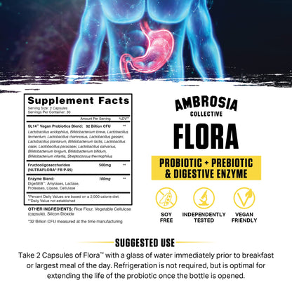 Ambrosia Flora Digestive Enzymes with Probiotics & Prebiotics | 32 Billion CFU Gut Health Supplement | Plant Based, Vegan Probiotic | 60 Veggie Capsules (30 Servings) - PrimeBioHealth - canada supplements