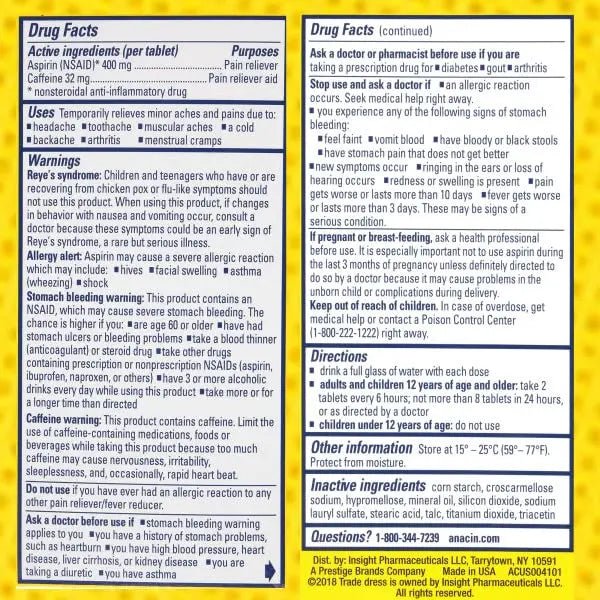 Anacin Fast Pain Relief Pain Reducer Aspirin Tablets, 200 Tabs (Value Pack of 2) - PrimeBioHealth - canada supplements