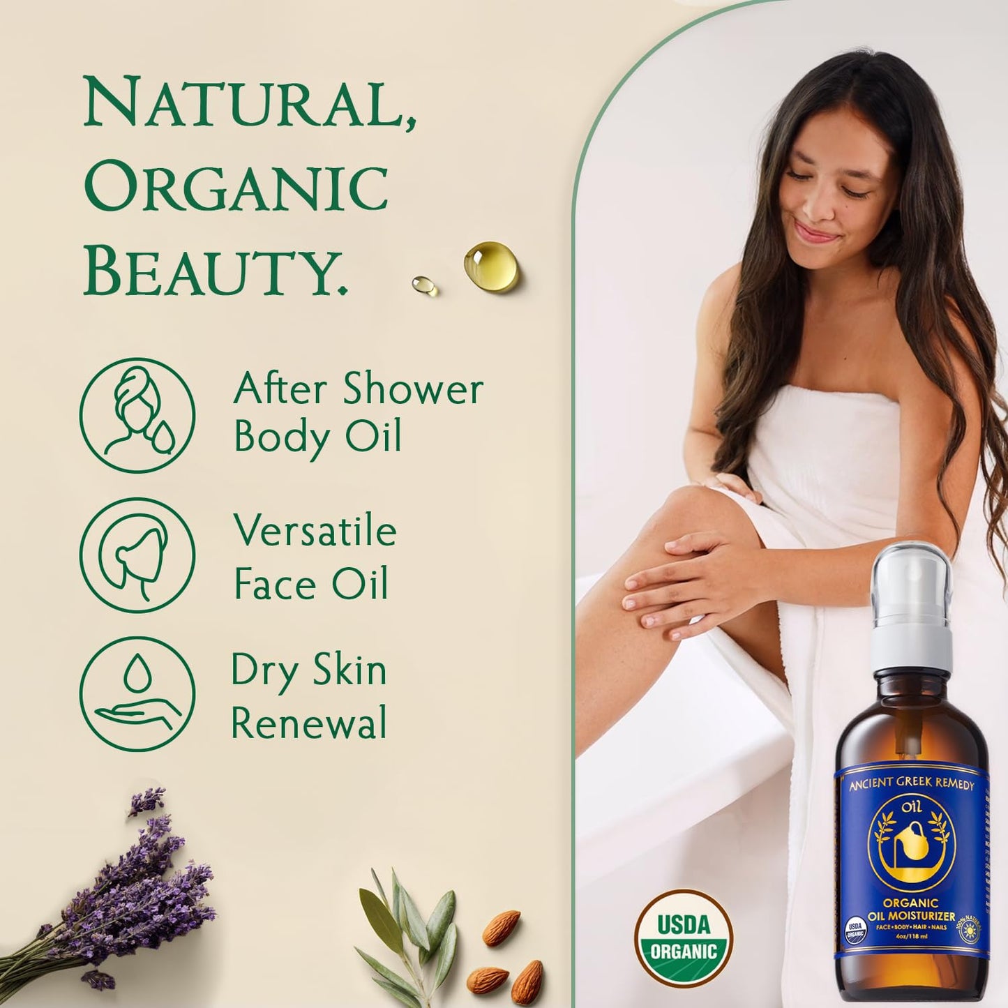Ancient Greek Remedy Body Oil - Organic After Shower Face Oil & Body Moisturizer for Dry Skin - Almond, Jojoba, Olive, Lavender - PrimeBioHealth - canada supplements