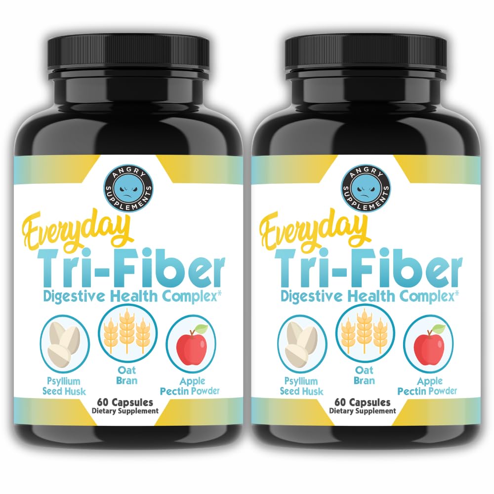 Angry Supplements Tri-Fiber Digestive Health Complex – Psyllium Husk, Oat Bran & Apple Pectin – Prebiotic Fiber for Gut Health & Regularity – 60 Capsules (2-Bottles) - PrimeBioHealth - canada supplements