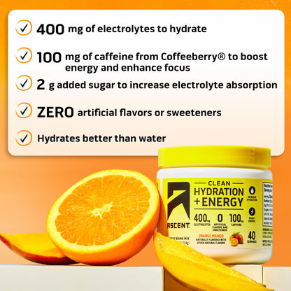 Ascent Clean Hydration + Energy Electrolytes Powder - 100mg Caffeine, 400mg Electrolytes, No Artificial Ingredients, Orange Mango 40 Servings - PrimeBioHealth - canada supplements