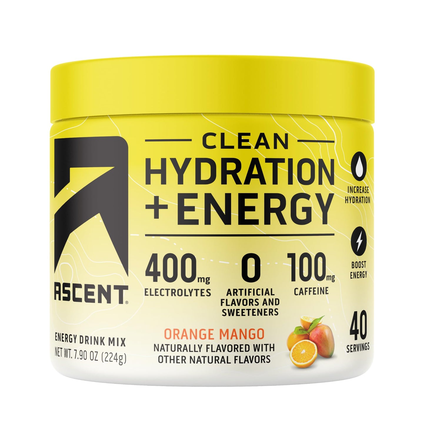 Ascent Clean Hydration + Energy Electrolytes Powder - 100mg Caffeine, 400mg Electrolytes, No Artificial Ingredients, Orange Mango 40 Servings - PrimeBioHealth - canada supplements