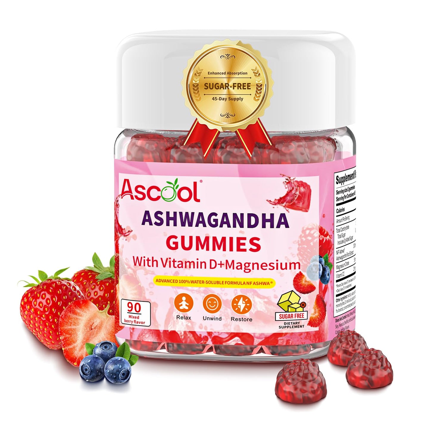 Ascool Ashwagandha Gummies for Stress Relief & Clam with Magnesium + Vitamin D – 90 Count Sugar-Free, Vegan Ashwa Supplements - PrimeBioHealth - canada supplements