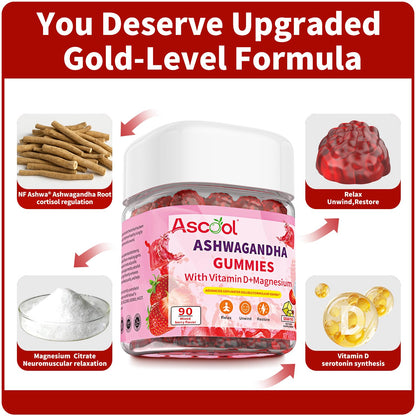 Ascool Ashwagandha Gummies for Stress Relief & Clam with Magnesium + Vitamin D – 90 Count Sugar-Free, Vegan Ashwa Supplements - PrimeBioHealth - canada supplements