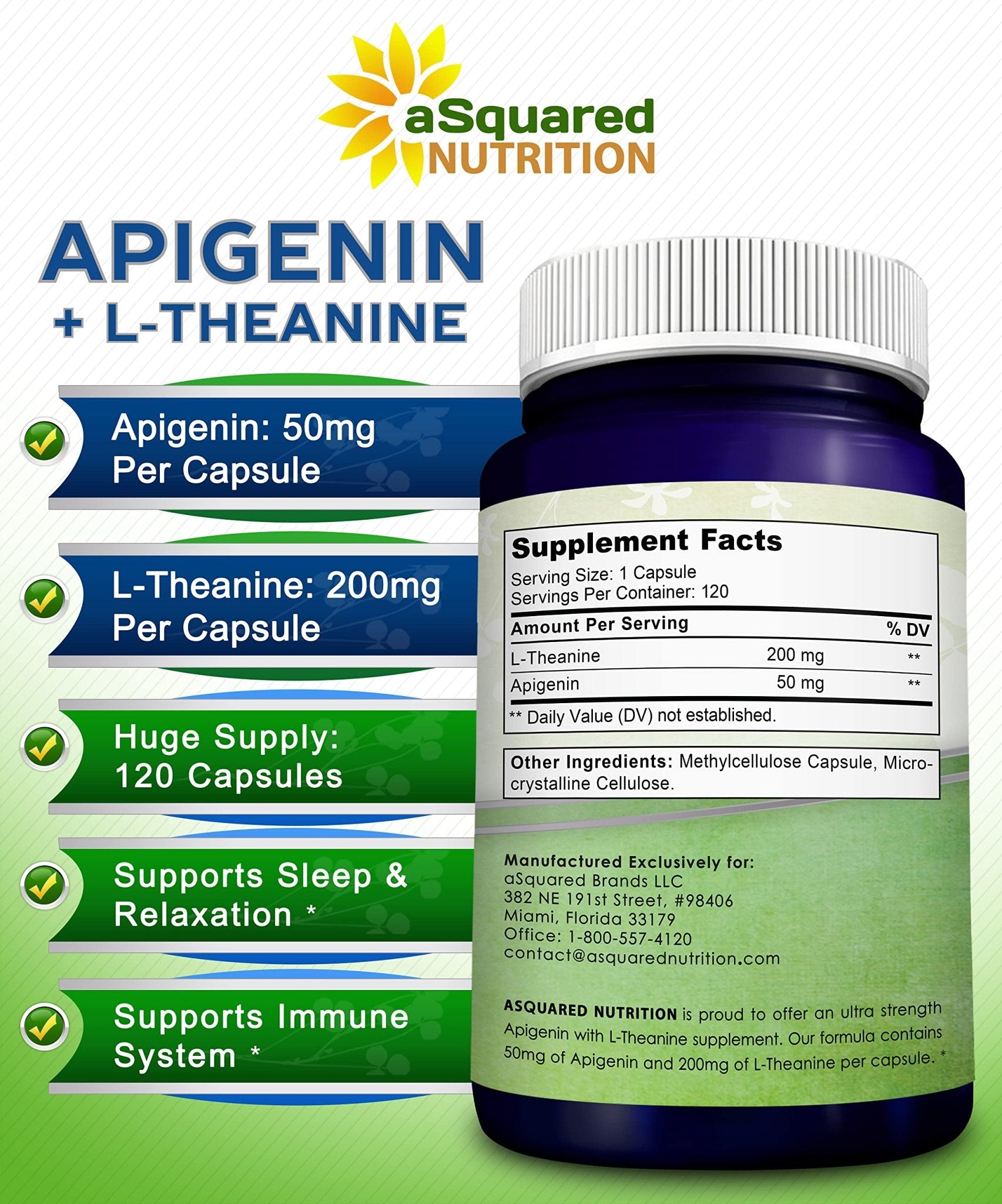 aSquared Nutrition Apigenin 50mg & L-Theanine 200mg - 120 Capsules - Apigenin Supplement Pills for Sleep and Relaxation - PrimeBioHealth - canada supplements