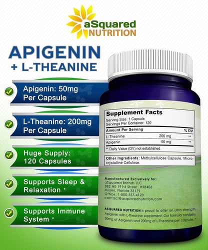 aSquared Nutrition Apigenin 50mg & L-Theanine 200mg - 120 Capsules - Apigenin Supplement Pills for Sleep and Relaxation - PrimeBioHealth - canada supplements