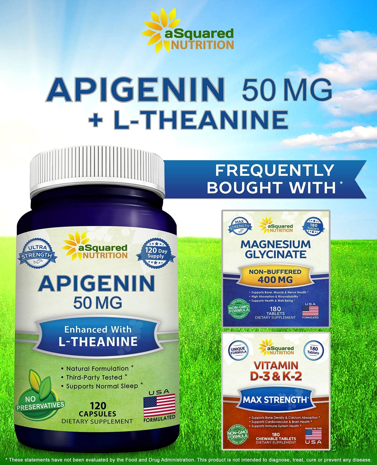 aSquared Nutrition Apigenin 50mg & L-Theanine 200mg - 120 Capsules - Apigenin Supplement Pills for Sleep and Relaxation - PrimeBioHealth - canada supplements