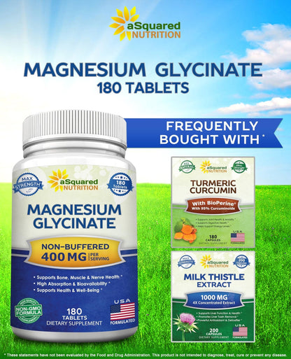 aSquared Nutrition Magnesium Glycinate 400mg - 180 Tablets - Max Strength Magnesium Bisglycinate Supplement -Maximum Bioavailability & Absorption-Non-GMO - PrimeBioHealth - canada supplements