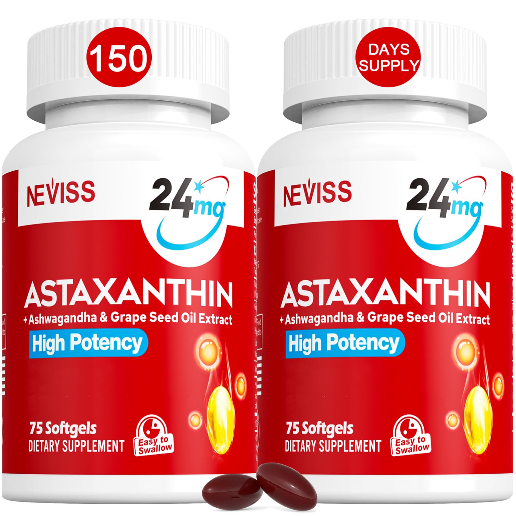 Astaxanthin Supplements 24mg, 5 Month Supply - Coconut MCT Oil, Fresh Microalgae Source w/Grape Seed Oil, Ashwagandha - Antioxidants for Healthy Skin, Eyes, Aging - Non-GMO & Gluten Free, 150 Softgels - PrimeBioHealth - canada supplements