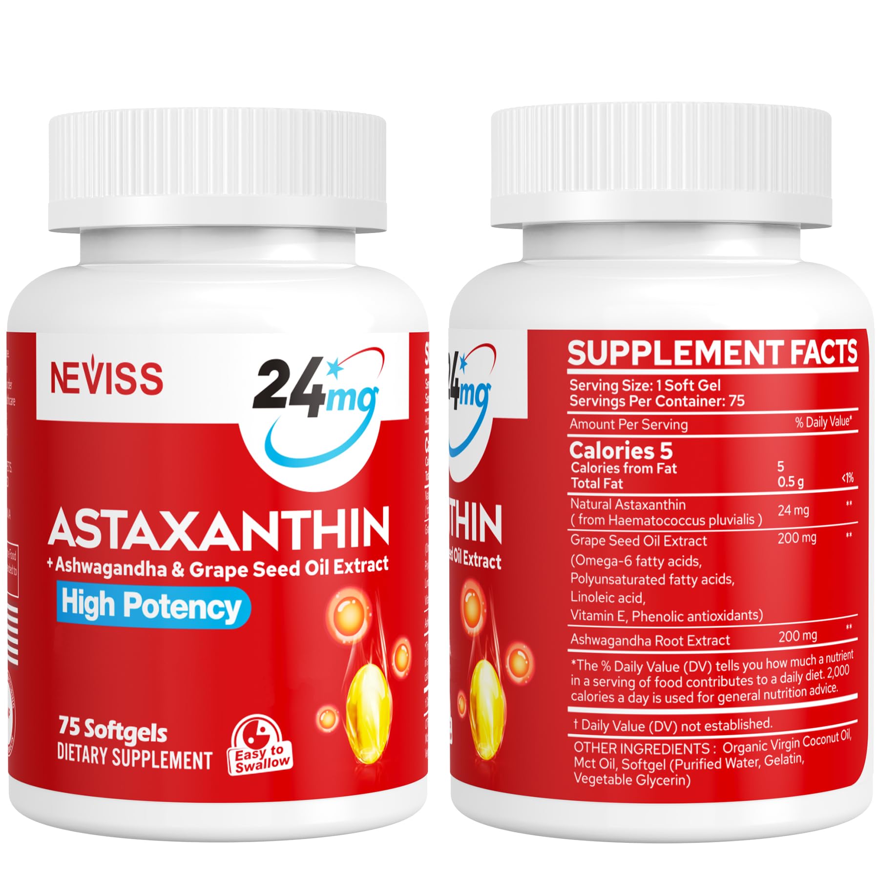 Astaxanthin Supplements 24mg, 5 Month Supply - Coconut MCT Oil, Fresh Microalgae Source w/Grape Seed Oil, Ashwagandha - Antioxidants for Healthy Skin, Eyes, Aging - Non-GMO & Gluten Free, 150 Softgels - PrimeBioHealth - canada supplements