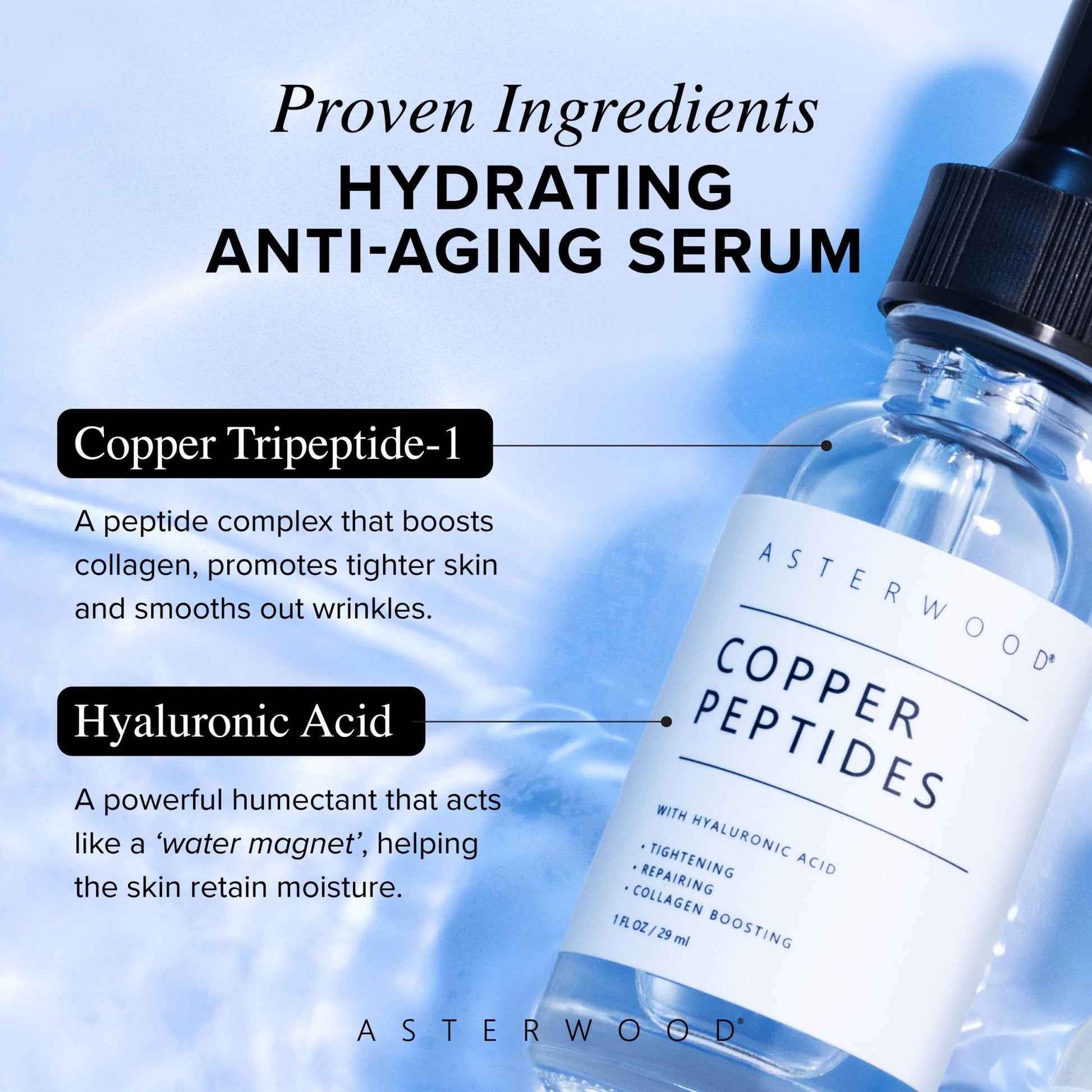 Asterwood Copper Peptides Serum for Face - with GHK-Cu Peptide and Hyaluronic Acid - Anti-Aging Facial Serum - 1 Fl Oz - PrimeBioHealth - canada supplements