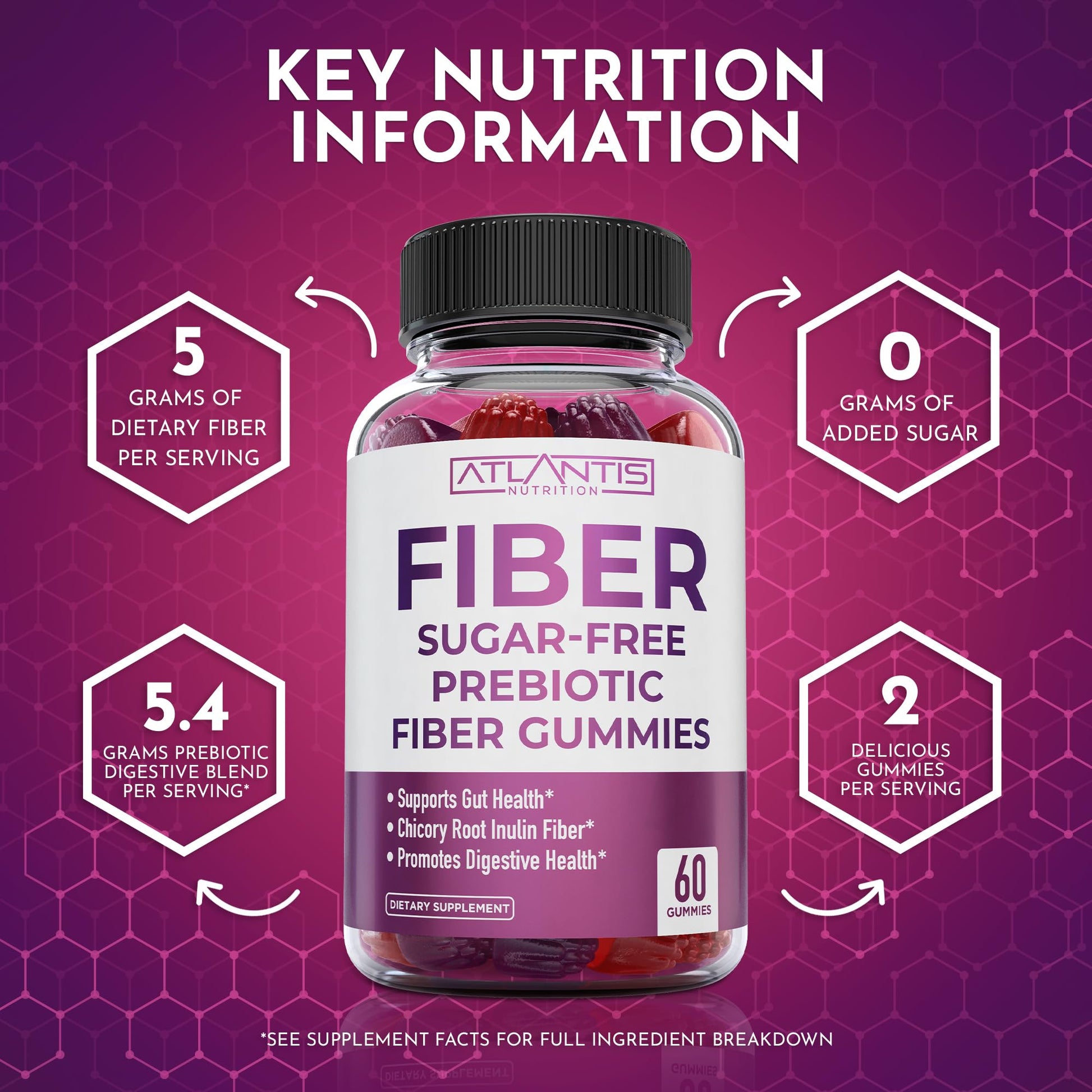 Atlantis Nutrition Sugar Free Fiber Gummies for Adults - 5G Fiber Supplement Formulated with 5.4G Prebiotic Digestive Blend/Serving - Supports Gut Health & Healthy Digestion - PrimeBioHealth - canada supplements