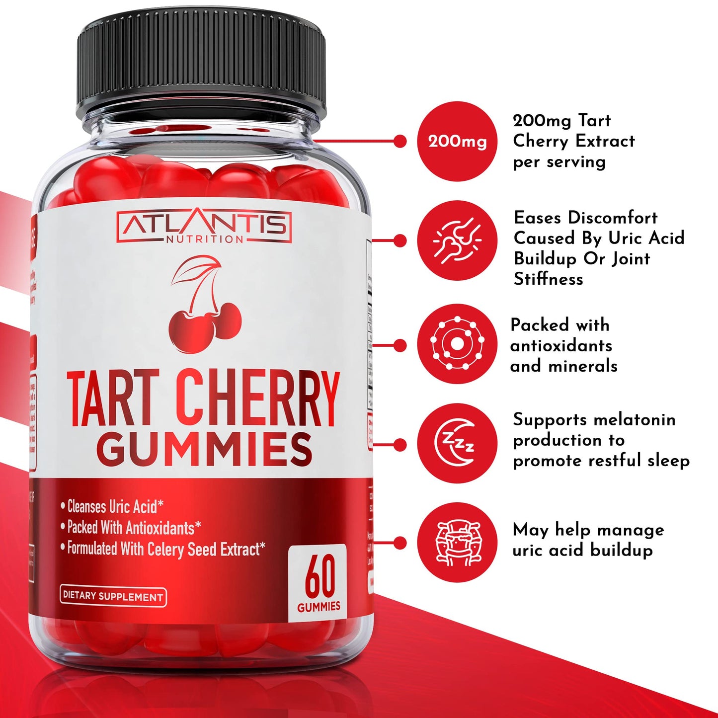 Atlantis Nutrition Tart Cherry Gummies with Celery Seed Extract - Advanced Uric Acid Cleanse for Immediate Relief | Joint Relief & Recovery - PrimeBioHealth - canada supplements