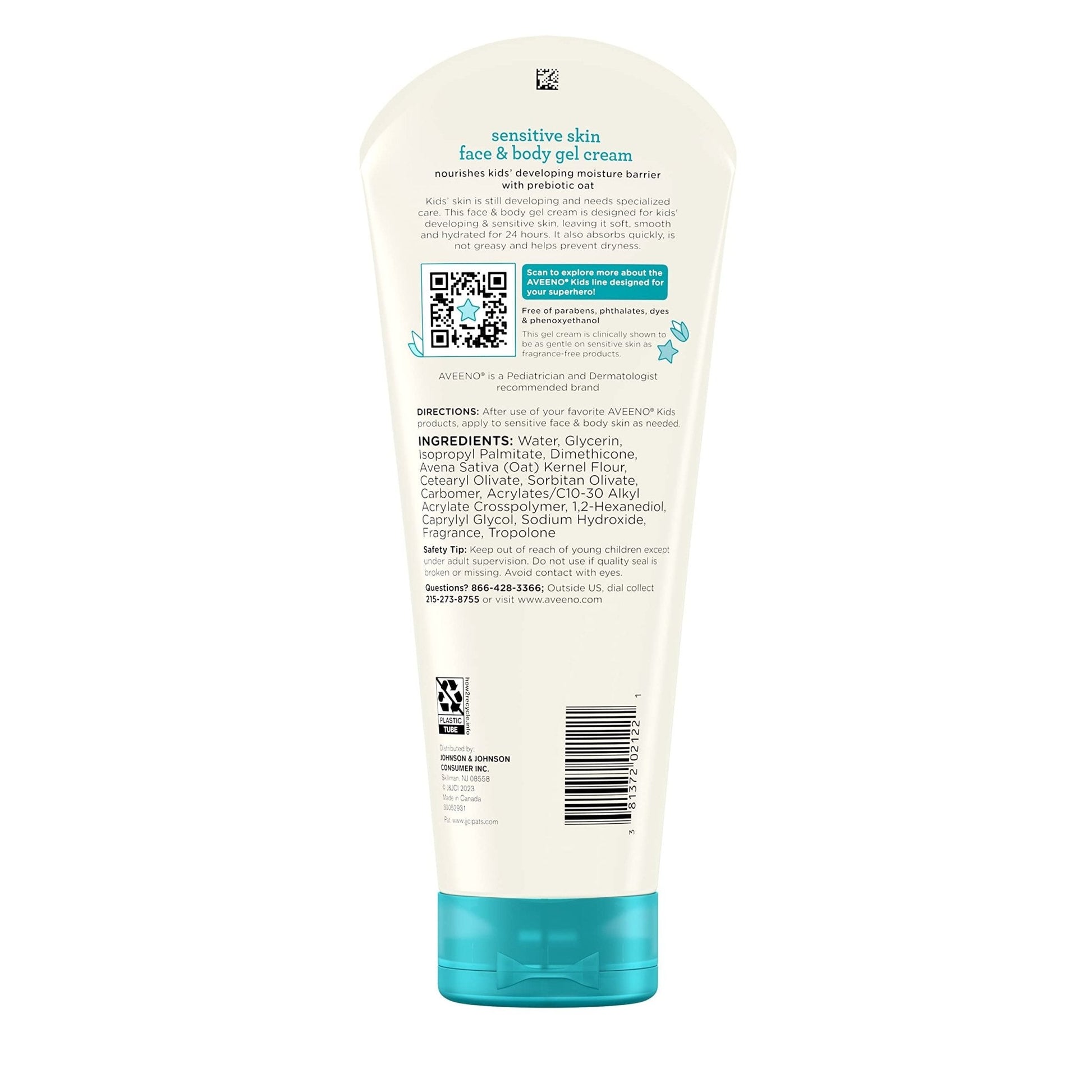 Aveeno Sensitive Skin Face & Body Gel Cream for Kids with Prebiotic Oat, Clinically Proven 24 Hour Hydration for Soft Skin - PrimeBioHealth - canada supplements