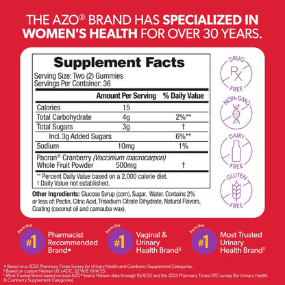 AZO Cranberry Urinary Tract Health Gummies Dietary Supplement, 2 Gummies = 1 Glass of Cranberry Juice, Helps Cleanse & Protect - PrimeBioHealth - canada supplements