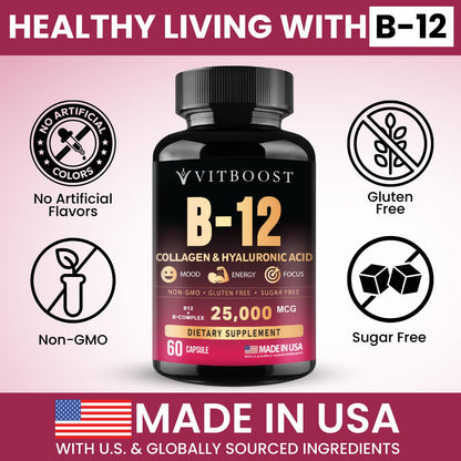 B12 with Hyaluronic Acid, Collagen and Folate – 25000 mcg B12 Complex | Maximize Absorption & Energy | Gluten Free USA Made, B1, B2, B3, B6, B7, B12 vitamins 5000 mcg - PrimeBioHealth - canada supplements