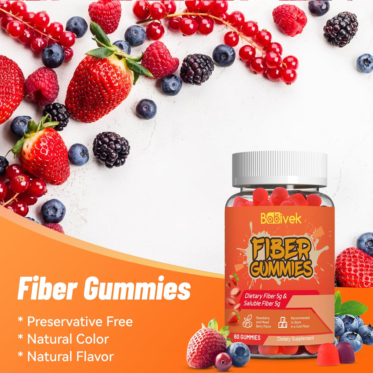Babivek Fiber Gummies for Women and Men – Dietary Fiber, Gut Health Support, Vegan, Non-GMO, Non-Gluten, Mixed Berry & Strawberry Flavors, 60 Count(Pack of 2) - PrimeBioHealth - canada supplements
